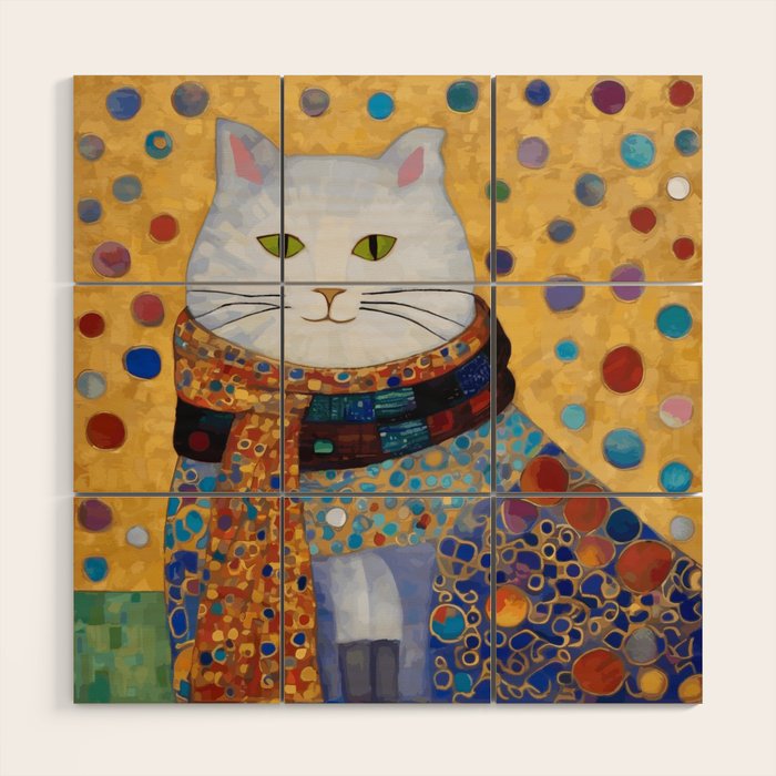 Gustav Klimt White Cat with Beautiful Clothes Wood Wall Art Gallery Image 1
