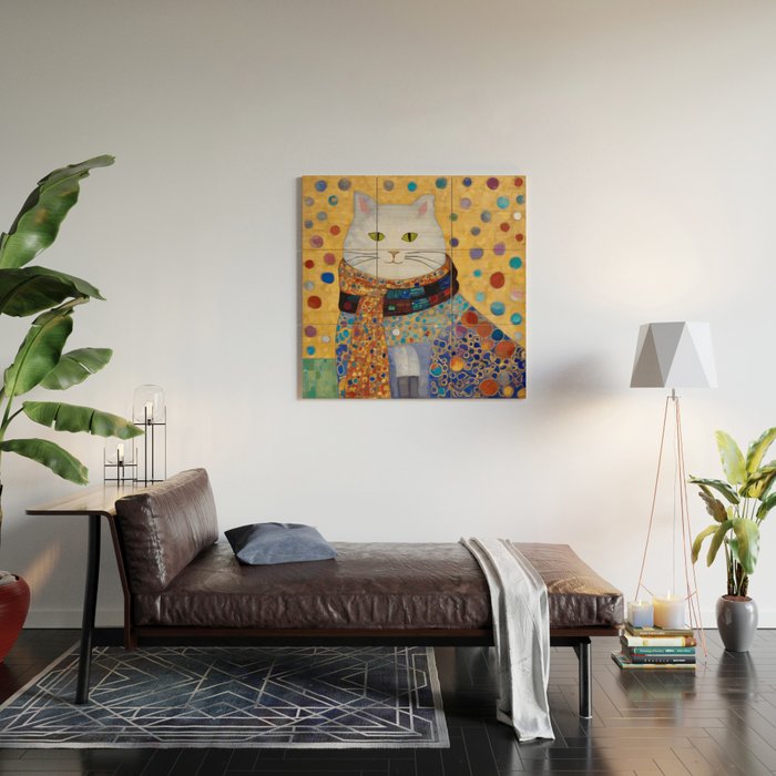 Gustav Klimt White Cat with Beautiful Clothes Wood Wall Art Gallery Image 2