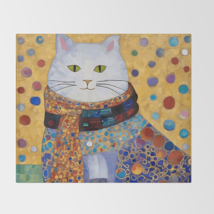 Gustav Klimt White Cat with Beautiful Clothes Throw Blanket Gallery Image 2