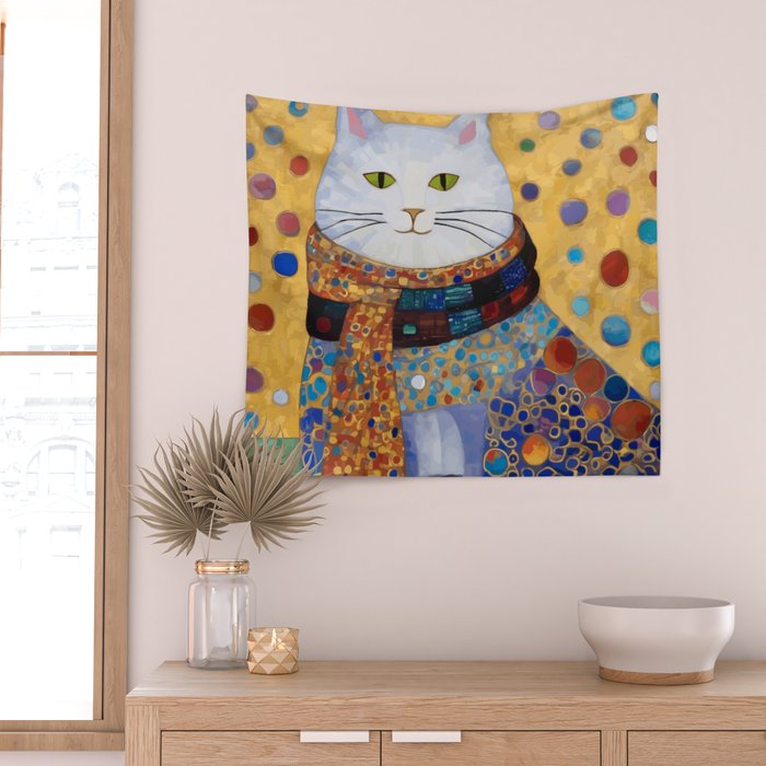 Gustav Klimt White Cat with Beautiful Clothes Wall Tapestry Gallery Image 2