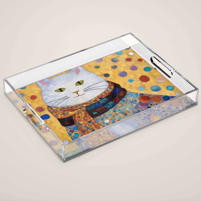 Gustav Klimt White Cat with Beautiful Clothes Acrylic Tray Gallery Image 1