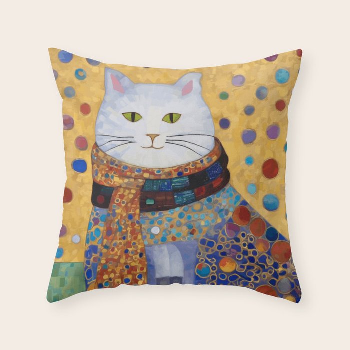Gustav Klimt White Cat with Beautiful Clothes Throw Pillow Gallery Image 6