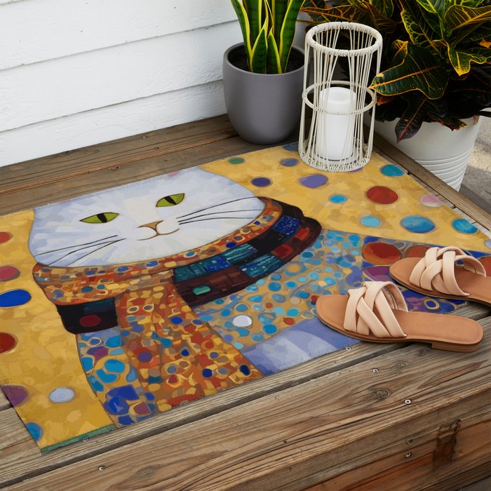 Gustav Klimt White Cat with Beautiful Clothes Outdoor Rug Gallery Image 2