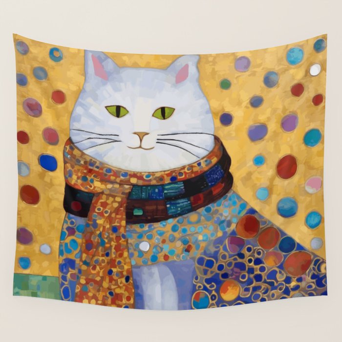 Gustav Klimt White Cat with Beautiful Clothes Wall Tapestry Gallery Image 1