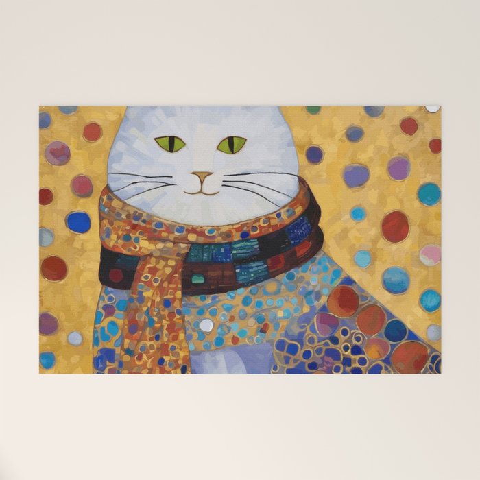 Gustav Klimt White Cat with Beautiful Clothes Welcome Mat Gallery Image 1