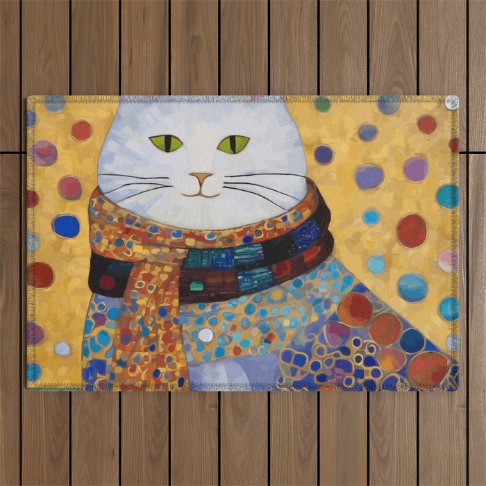 Gustav Klimt White Cat with Beautiful Clothes Outdoor Rug Gallery Image 1