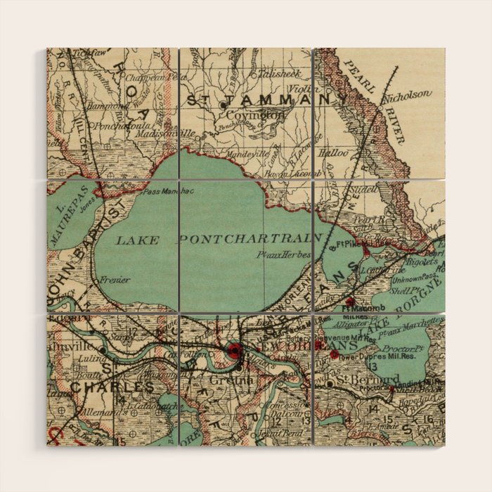 Vintage Map of Lake Pontchartrain (1887) Wood Wall Art Gallery Image 1