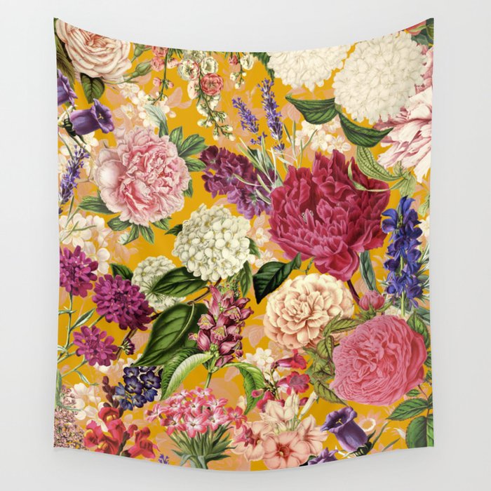 Yellow Happy Floral Pattern, Modernism Wall Tapestry Gallery Image 1