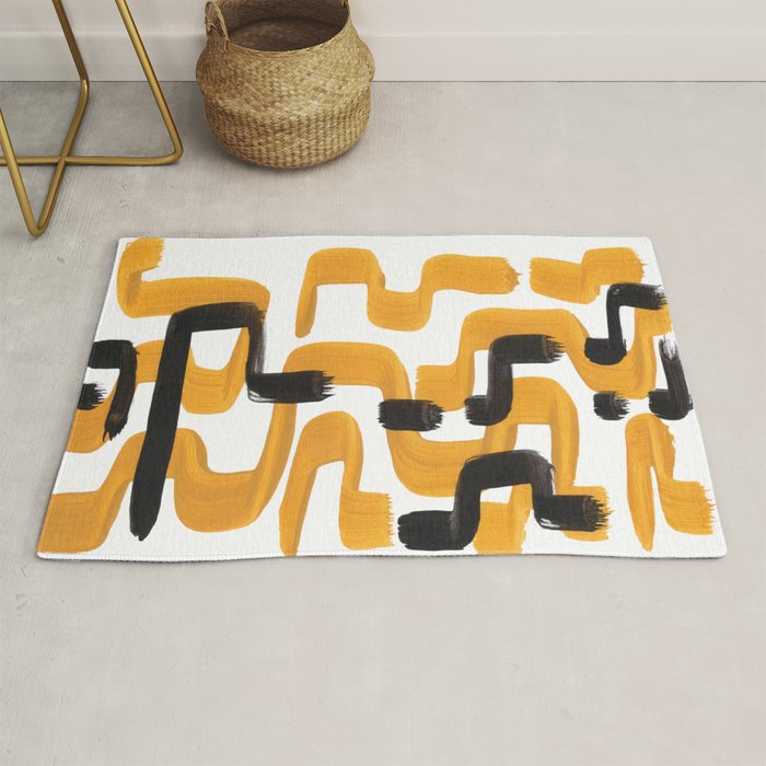 Mid Century Abstract Black & Yellow Fun Pattern 70's Mustard Ripples Lines Retro Style Rug Gallery Image 1