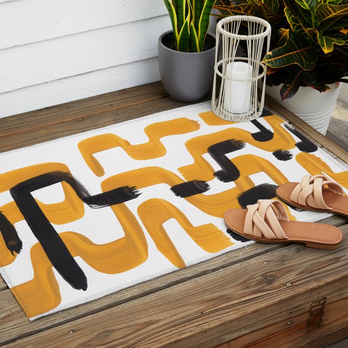 Mid Century Abstract Black & Yellow Fun Pattern 70's Mustard Ripples Lines Retro Style Outdoor Rug Gallery Image 2