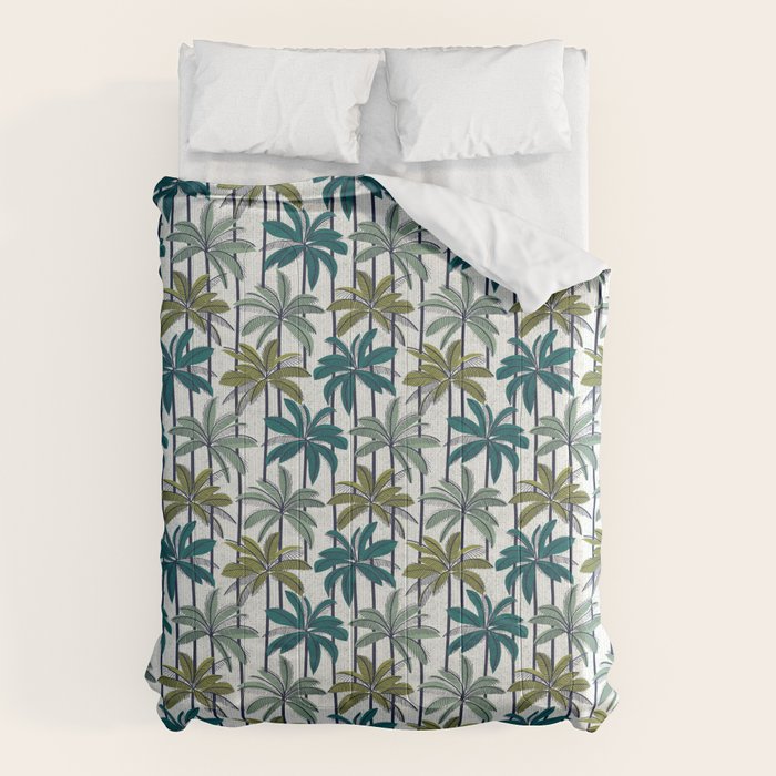 Retro Palm Springs vibes // white background highball sage and pine green palm trees oxford navy blue lines Comforter Gallery Image 6