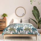 Retro Palm Springs vibes // white background highball sage and pine green palm trees oxford navy blue lines Comforter Gallery Image 3