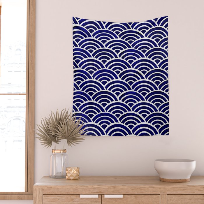 Japanese Seigaiha Wave - Navy Palette Wall Tapestry Gallery Image 2