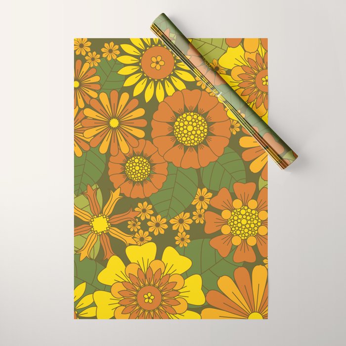 Orange, Brown, Yellow and Green Retro Daisy Pattern Wrapping Paper Gallery Image 1