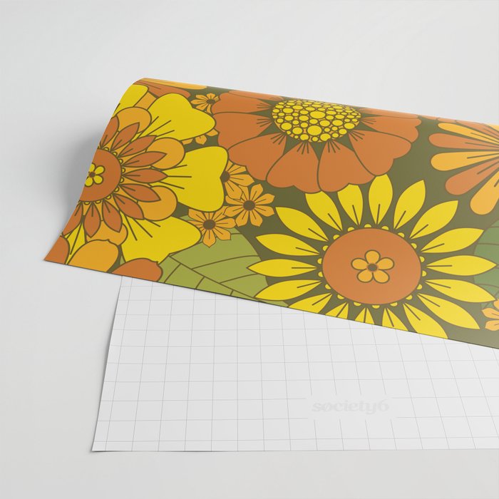 Orange, Brown, Yellow and Green Retro Daisy Pattern Wrapping Paper Gallery Image 2