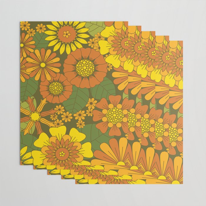 Orange, Brown, Yellow and Green Retro Daisy Pattern Wrapping Paper Gallery Image 3