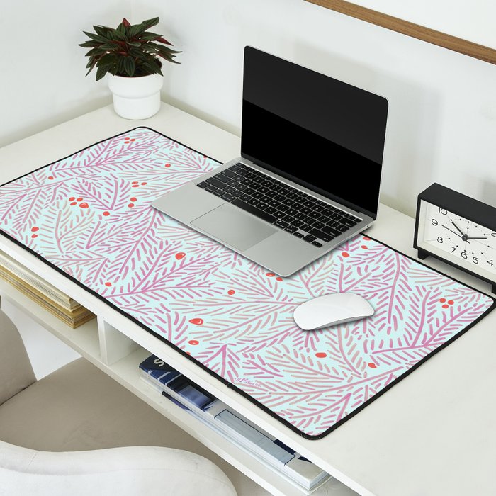 Winter Berries & Pine Branches in Teal & Pink Desk Mat Gallery Image 2