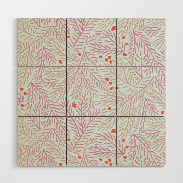 Winter Berries & Pine Branches in Teal & Pink Wood Wall Art Gallery Image 1