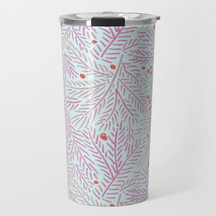 Winter Berries & Pine Branches in Teal & Pink Travel Mug Gallery Image 1