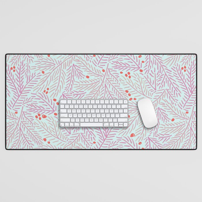 Winter Berries & Pine Branches in Teal & Pink Desk Mat Gallery Image 1