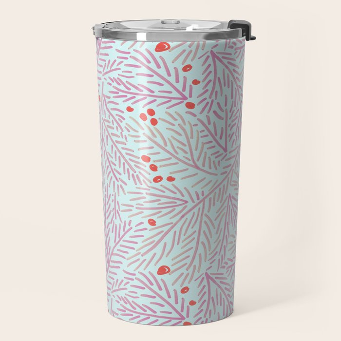 Winter Berries & Pine Branches in Teal & Pink Travel Mug Gallery Image 2