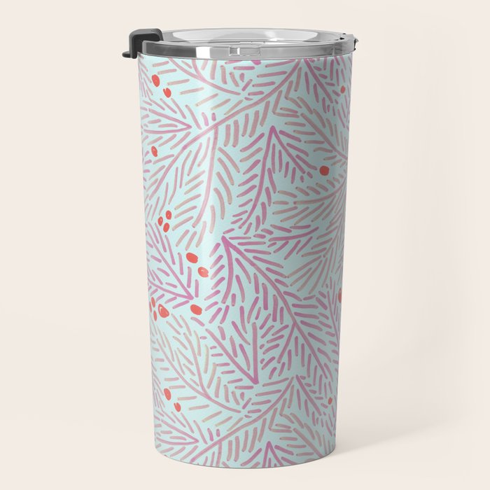 Winter Berries & Pine Branches in Teal & Pink Travel Mug Gallery Image 3