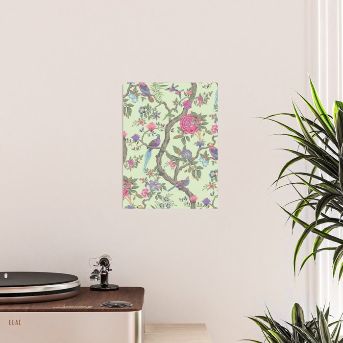 Chinoiserie Mint Green Pastel Fresco Floral Garden Birds Oriental Botanical Poster Gallery Image 2