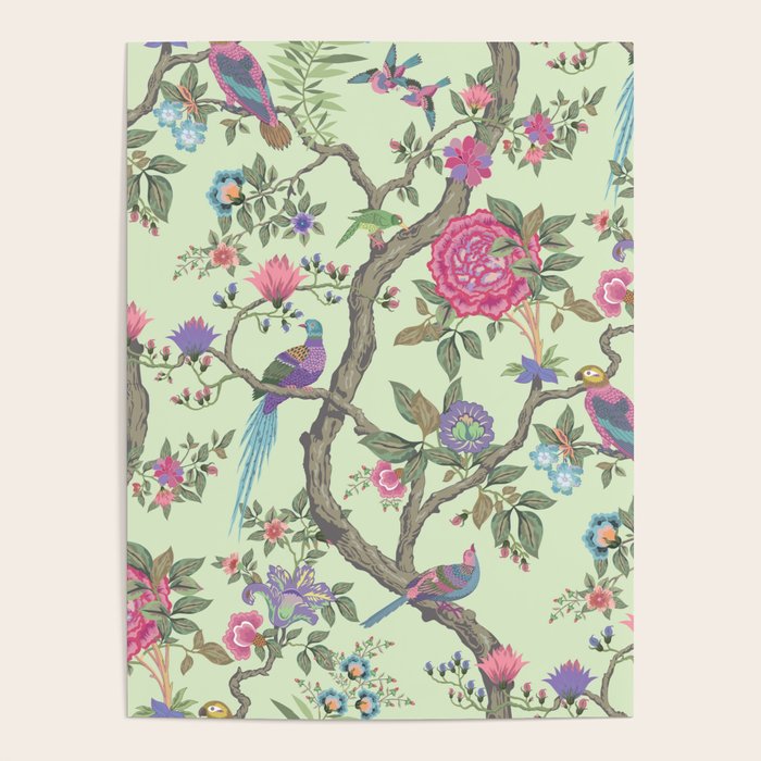 Chinoiserie Mint Green Pastel Fresco Floral Garden Birds Oriental Botanical Poster Gallery Image 1