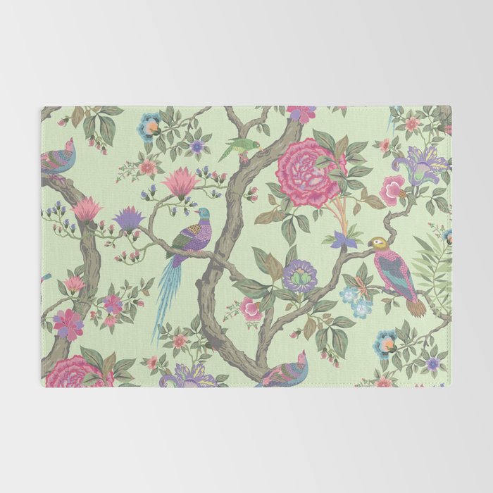 Chinoiserie Mint Green Pastel Fresco Floral Garden Birds Oriental Botanical Rug Gallery Image 2