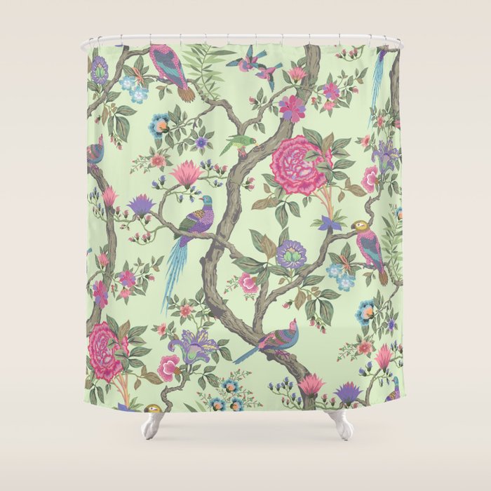 Chinoiserie Mint Green Pastel Fresco Floral Garden Birds Oriental Botanical Shower Curtain Gallery Image 1