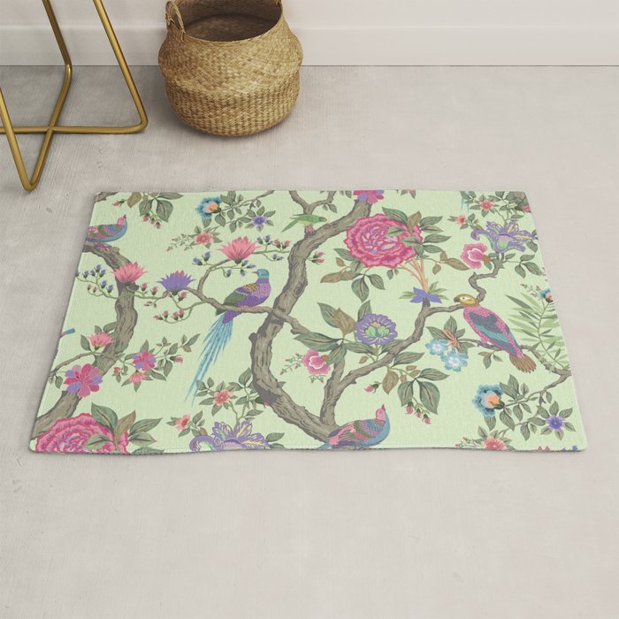 Chinoiserie Mint Green Pastel Fresco Floral Garden Birds Oriental Botanical Rug Gallery Image 1