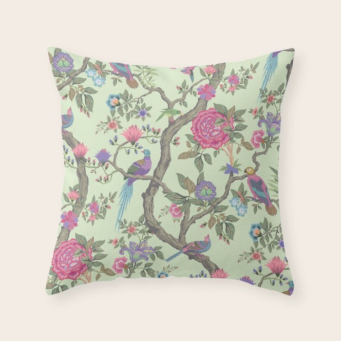 Chinoiserie Mint Green Pastel Fresco Floral Garden Birds Oriental Botanical Throw Pillow Gallery Image 6
