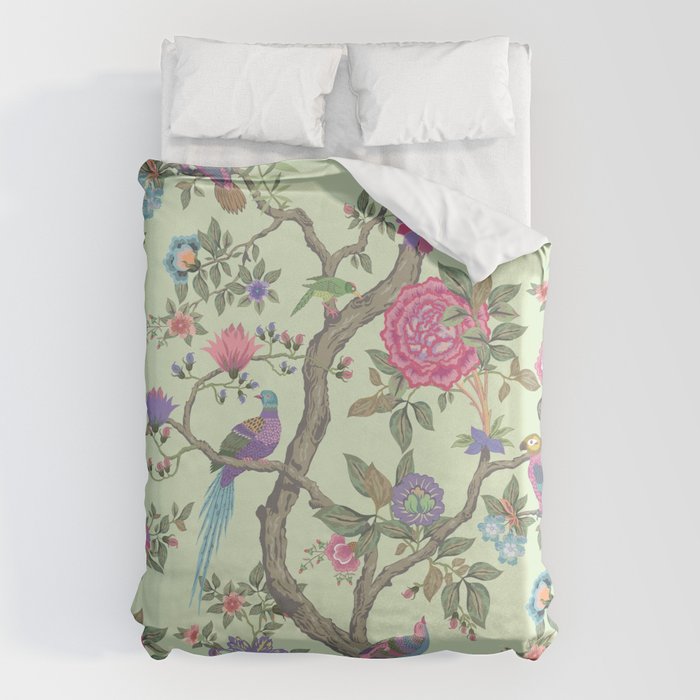 Chinoiserie Mint Green Pastel Fresco Floral Garden Birds Oriental Botanical Duvet Cover Gallery Image 1