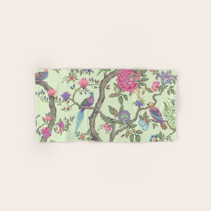 Chinoiserie Mint Green Pastel Fresco Floral Garden Birds Oriental Botanical Bath Towel Gallery Image 1