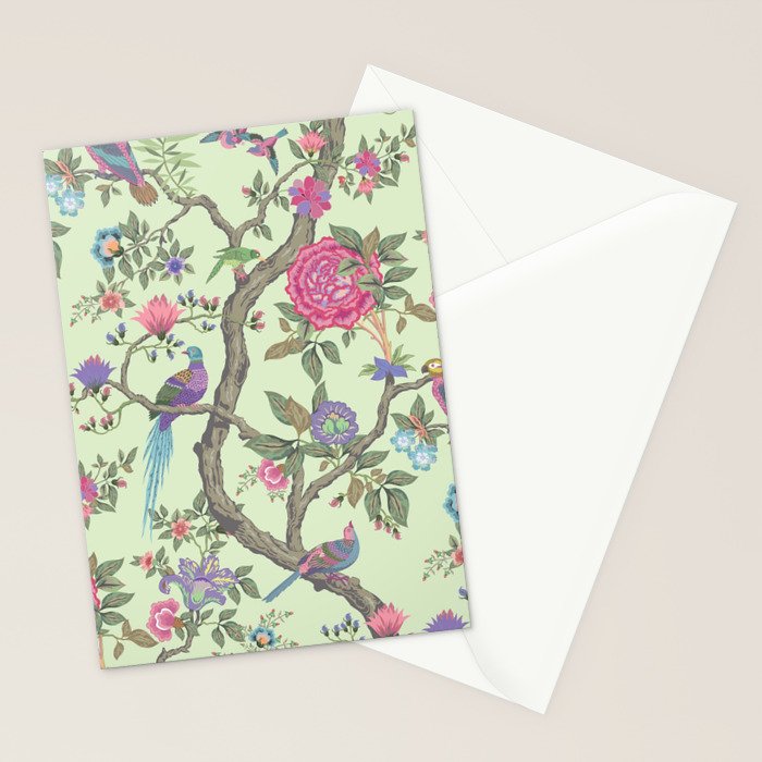 Chinoiserie Mint Green Pastel Fresco Floral Garden Birds Oriental Botanical Stationery Card Gallery Image 2
