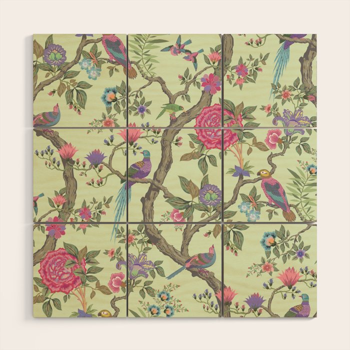 Chinoiserie Mint Green Pastel Fresco Floral Garden Birds Oriental Botanical Wood Wall Art Gallery Image 1