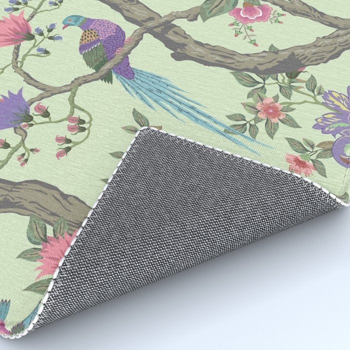Chinoiserie Mint Green Pastel Fresco Floral Garden Birds Oriental Botanical Rug Gallery Image 4