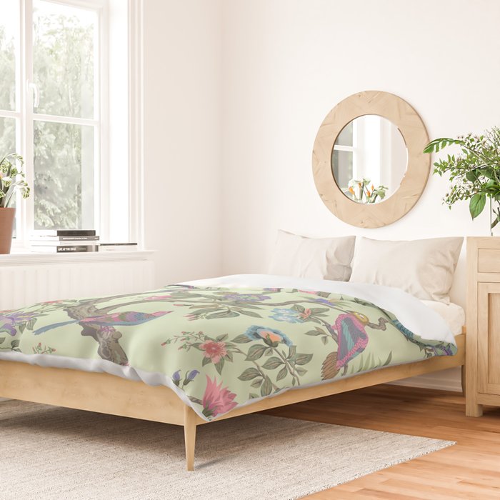 Chinoiserie Mint Green Pastel Fresco Floral Garden Birds Oriental Botanical Duvet Cover Gallery Image 2