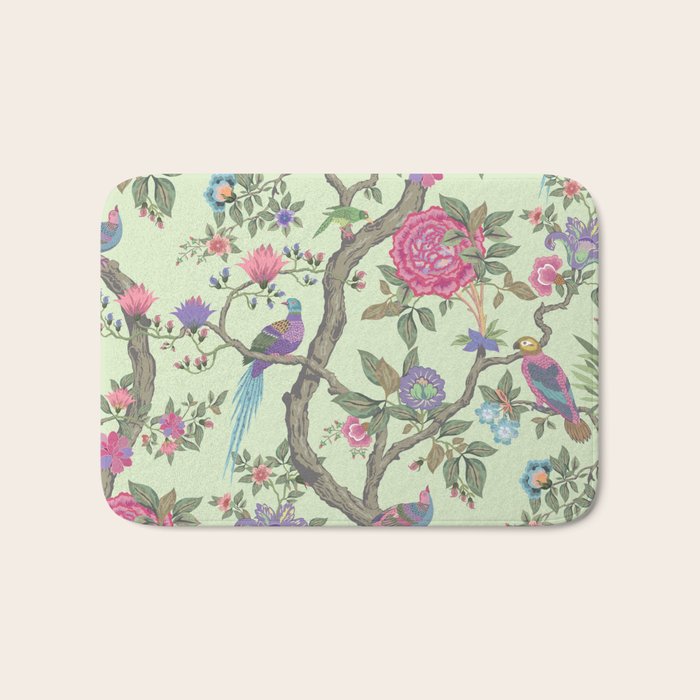 Chinoiserie Mint Green Pastel Fresco Floral Garden Birds Oriental Botanical Bath Mat Gallery Image 1
