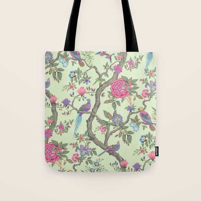 Chinoiserie Mint Green Pastel Fresco Floral Garden Birds Oriental Botanical Tote Bag Gallery Image 1