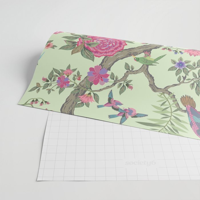 Chinoiserie Mint Green Pastel Fresco Floral Garden Birds Oriental Botanical Wrapping Paper Gallery Image 2