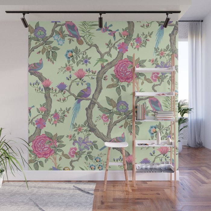 Chinoiserie Mint Green Pastel Fresco Floral Garden Birds Oriental Botanical Wall Mural Gallery Image 1