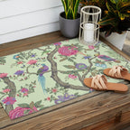 Chinoiserie Mint Green Pastel Fresco Floral Garden Birds Oriental Botanical Outdoor Rug Gallery Image 2