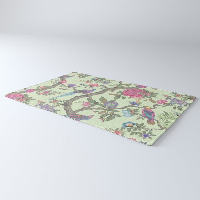 Chinoiserie Mint Green Pastel Fresco Floral Garden Birds Oriental Botanical Rug Gallery Image 3