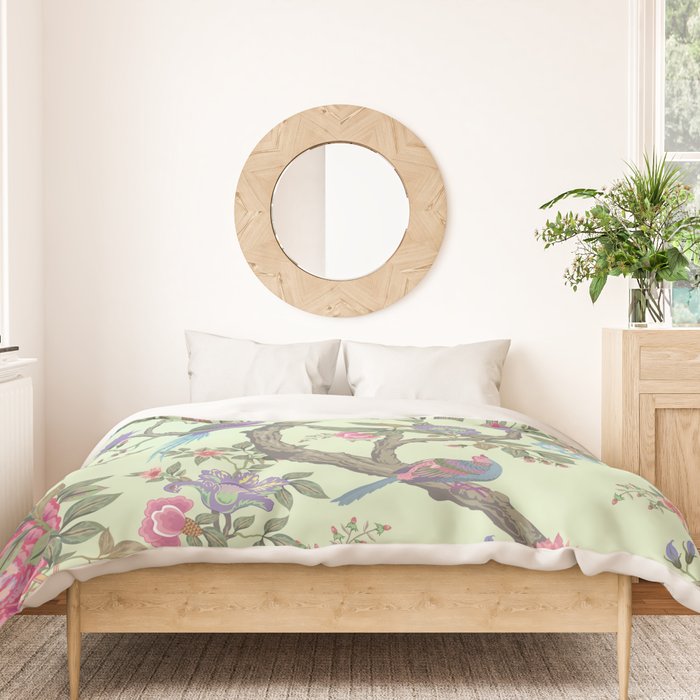 Chinoiserie Mint Green Pastel Fresco Floral Garden Birds Oriental Botanical Duvet Cover Gallery Image 3