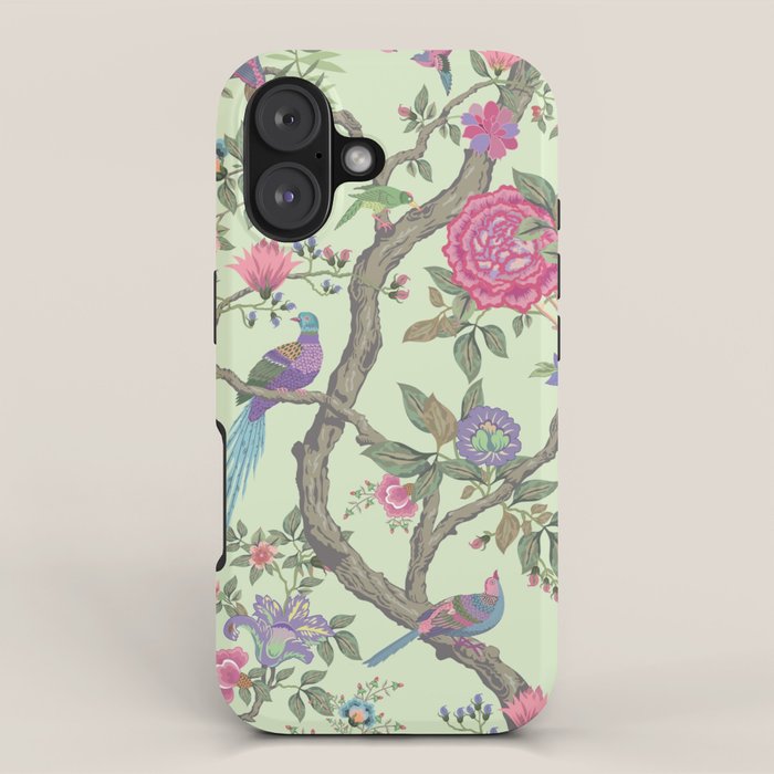 Chinoiserie Mint Green Pastel Fresco Floral Garden Birds Oriental Botanical iPhone Case Gallery Image 1