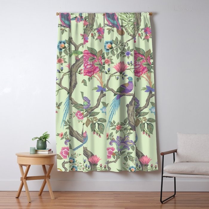 Chinoiserie Mint Green Pastel Fresco Floral Garden Birds Oriental Botanical Window Curtain Gallery Image 1