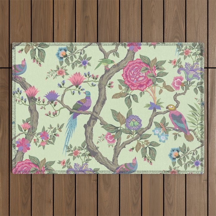 Chinoiserie Mint Green Pastel Fresco Floral Garden Birds Oriental Botanical Outdoor Rug Gallery Image 1