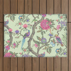 Chinoiserie Mint Green Pastel Fresco Floral Garden Birds Oriental Botanical Outdoor Rug Gallery Image 1