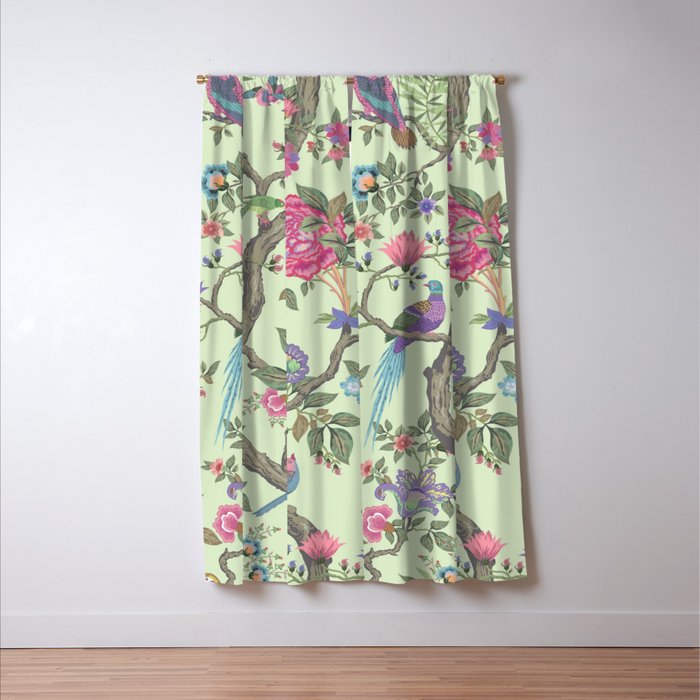 Chinoiserie Mint Green Pastel Fresco Floral Garden Birds Oriental Botanical Window Curtain Gallery Image 3